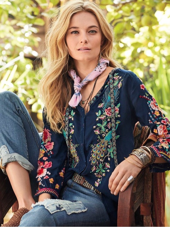 Johnny Was Tops - Johnny Was Navy Embroidered Floral & Peacock Blouse